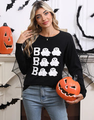 Halloween Rib-knit Cute Ghost Round Neck Pullover Sweater