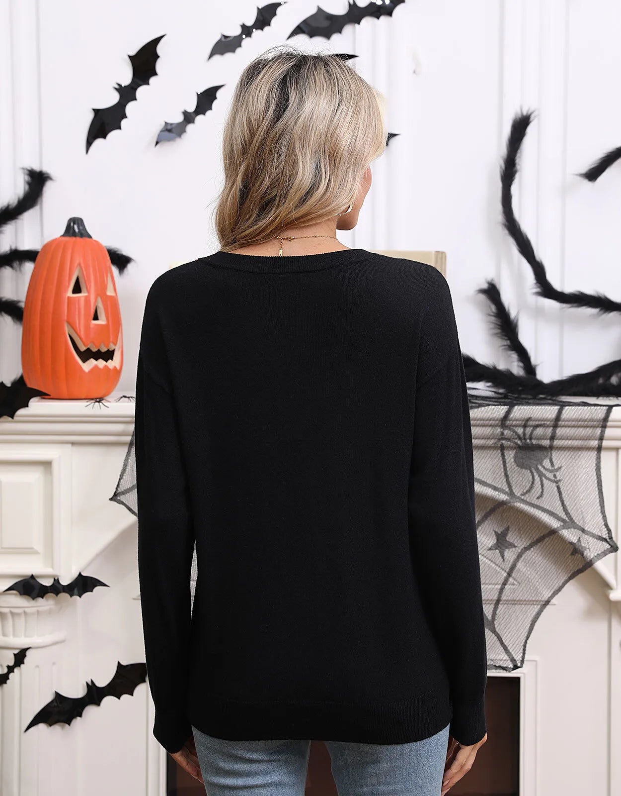 Halloween Rib-knit Cute Ghost Round Neck Pullover Sweater