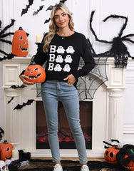 Halloween Rib-knit Cute Ghost Round Neck Pullover Sweater