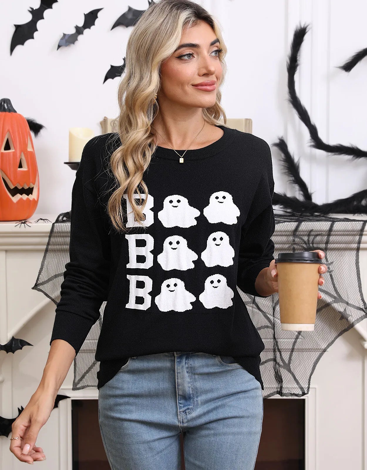 Halloween Rib-knit Cute Ghost Round Neck Pullover Sweater
