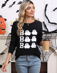 Halloween Rib-knit Cute Ghost Round Neck Pullover Sweater