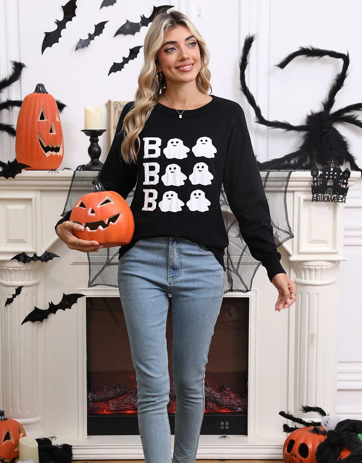 Halloween Rib-knit Cute Ghost Round Neck Pullover Sweater