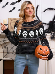 Halloween Rib-knit Skeleton Round Neck Pullover  Loose Casual Sweater
