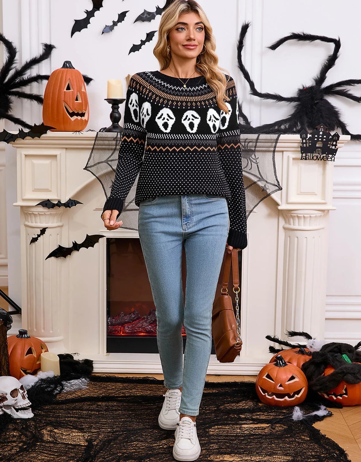 Halloween Rib-knit Skeleton Round Neck Pullover  Loose Casual Sweater
