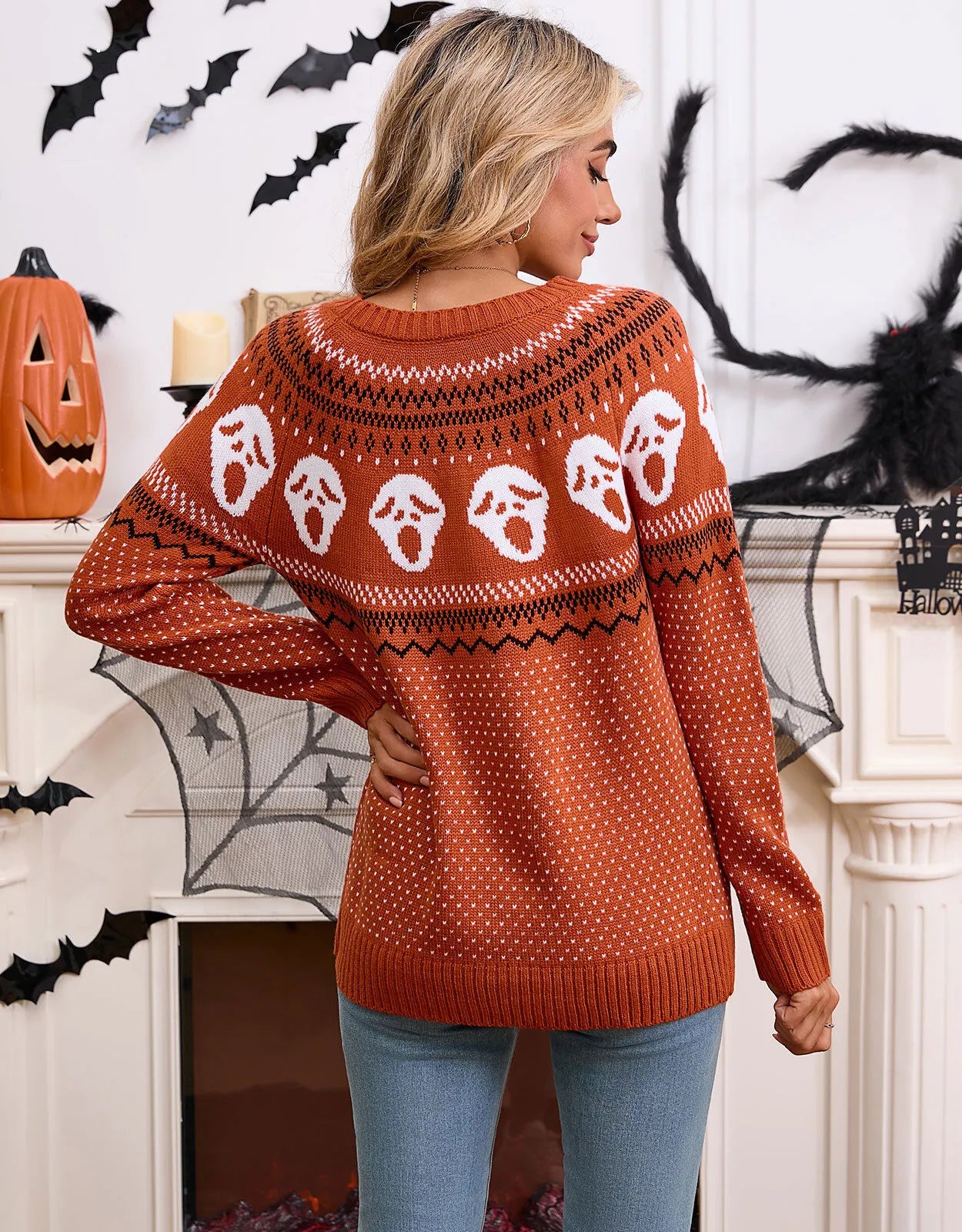Halloween Rib-knit Skeleton Round Neck Pullover  Loose Casual Sweater
