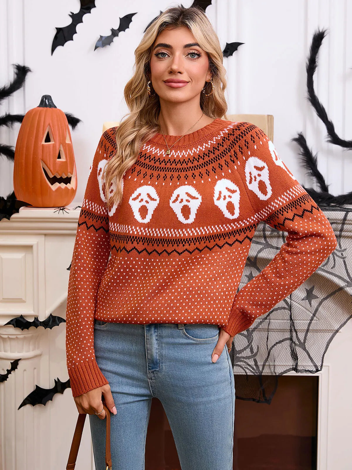 Halloween Rib-knit Skeleton Round Neck Pullover  Loose Casual Sweater