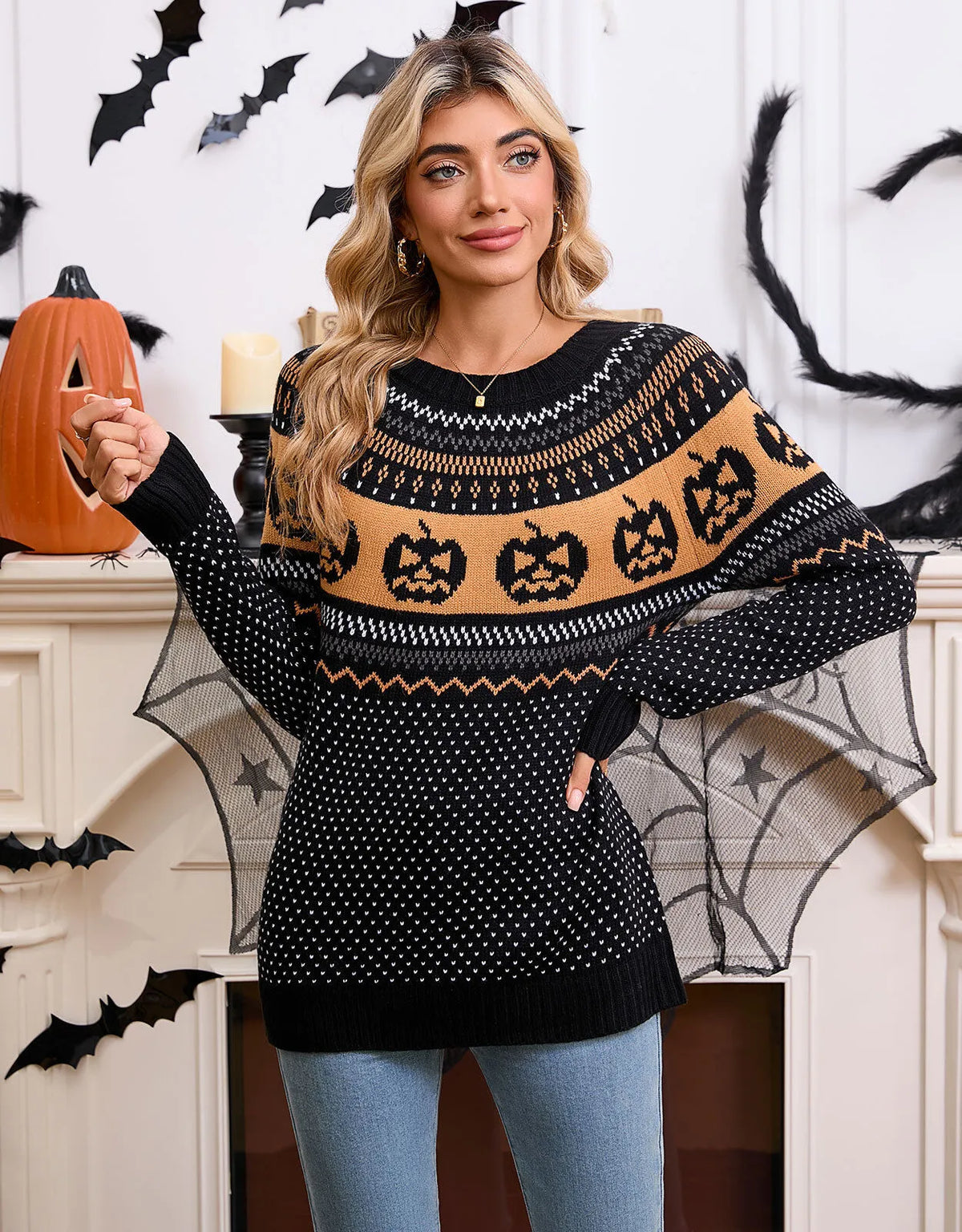 Halloween Rib-knit Funny Pumpkin Round Neck Pullover Loose Casual Sweater