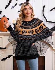 Halloween Rib-knit Funny Pumpkin Round Neck Pullover Loose Casual Sweater