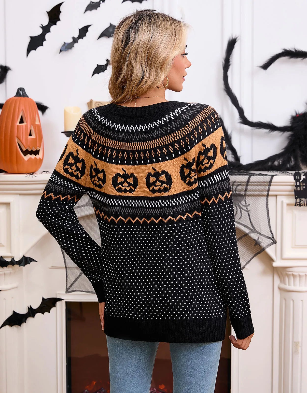 Halloween Rib-knit Funny Pumpkin Round Neck Pullover Loose Casual Sweater