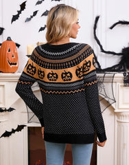 Halloween Rib-knit Funny Pumpkin Round Neck Pullover Loose Casual Sweater