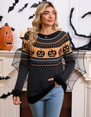 Halloween Rib-knit Funny Pumpkin Round Neck Pullover Loose Casual Sweater