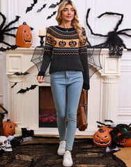 Halloween Rib-knit Funny Pumpkin Round Neck Pullover Loose Casual Sweater