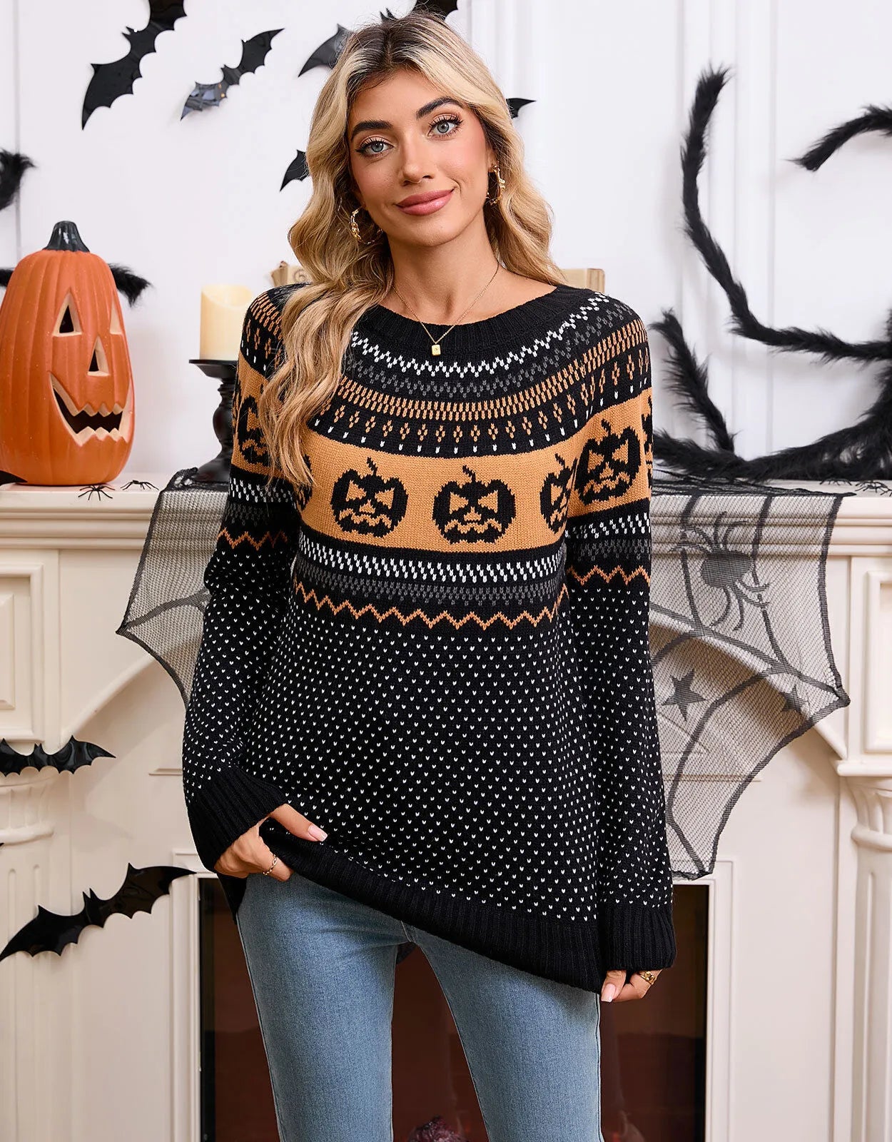 Halloween Rib-knit Funny Pumpkin Round Neck Pullover Loose Casual Sweater