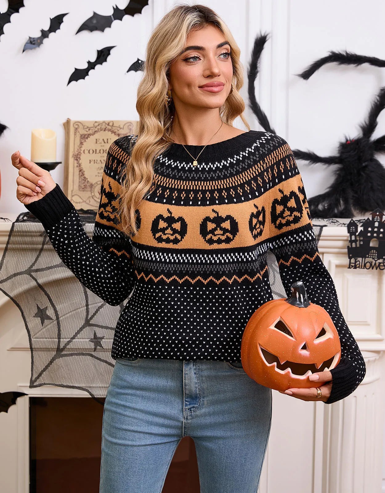 Halloween Rib-knit Funny Pumpkin Round Neck Pullover Loose Casual Sweater