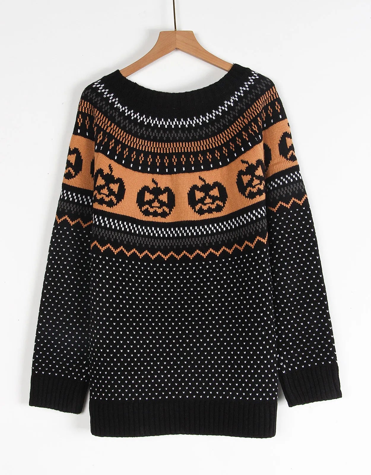 Halloween Rib-knit Funny Pumpkin Round Neck Pullover Loose Casual Sweater