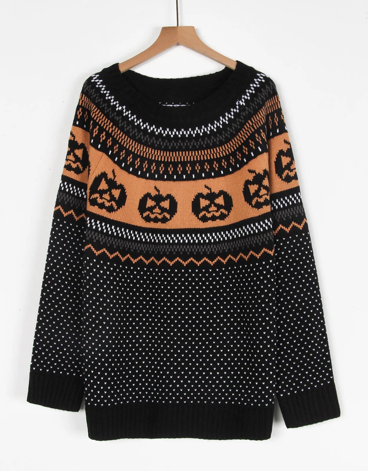 Halloween Rib-knit Funny Pumpkin Round Neck Pullover Loose Casual Sweater