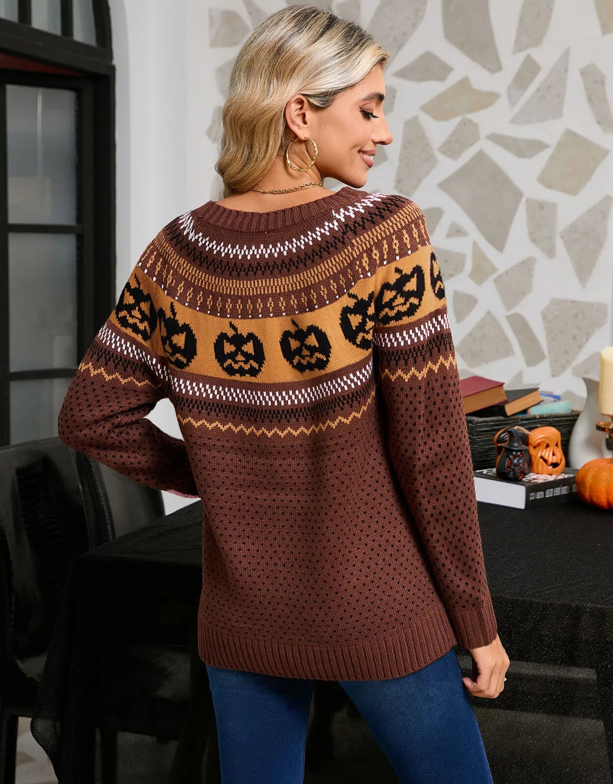 Halloween Rib-knit Funny Pumpkin Round Neck Pullover Loose Casual Sweater