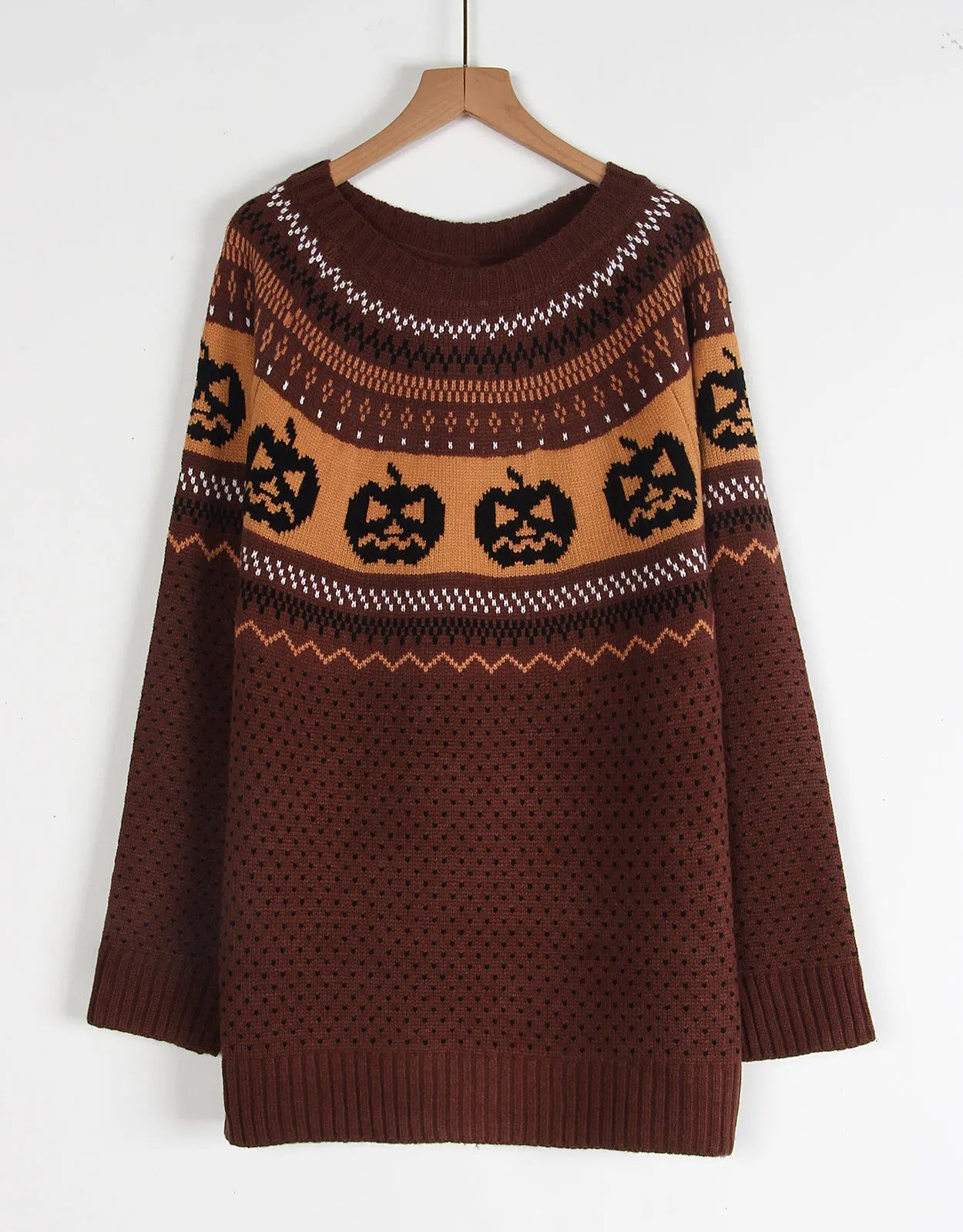 Halloween Rib-knit Funny Pumpkin Round Neck Pullover Loose Casual Sweater
