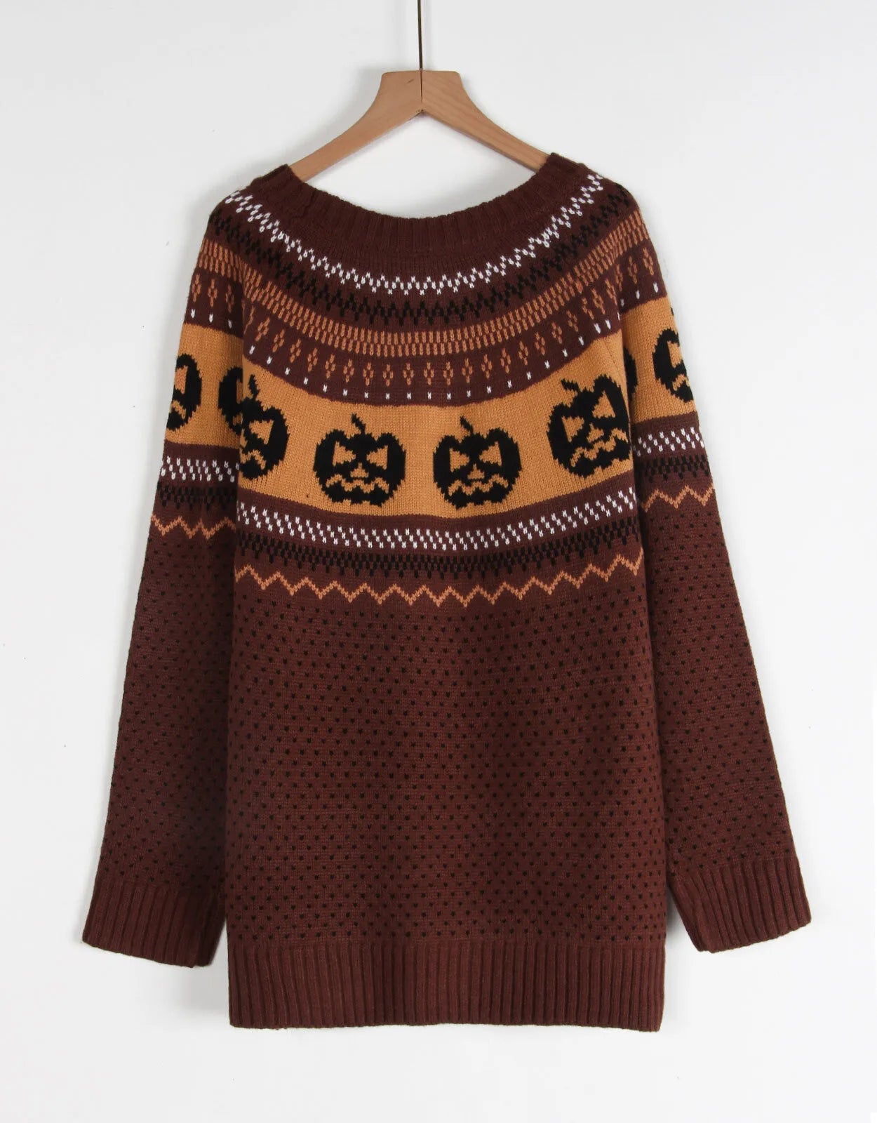 Halloween Rib-knit Funny Pumpkin Round Neck Pullover Loose Casual Sweater