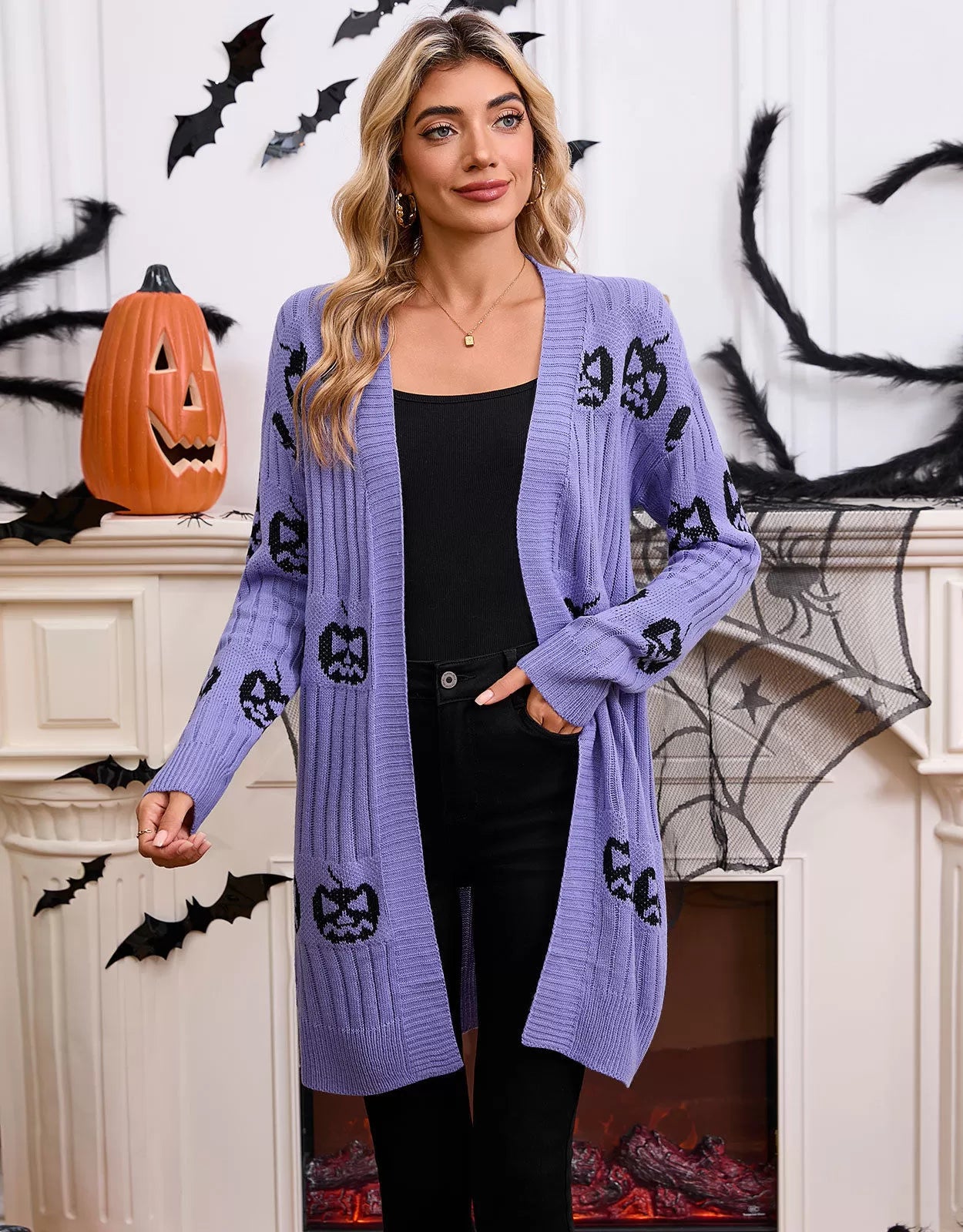 Halloween Rib-knit Pumpkin V-neck Outwear Cardigan