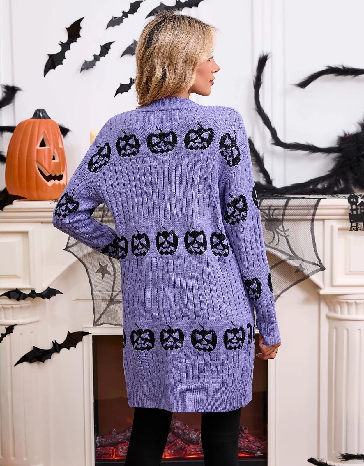 Halloween Rib-knit Pumpkin V-neck Outwear Cardigan