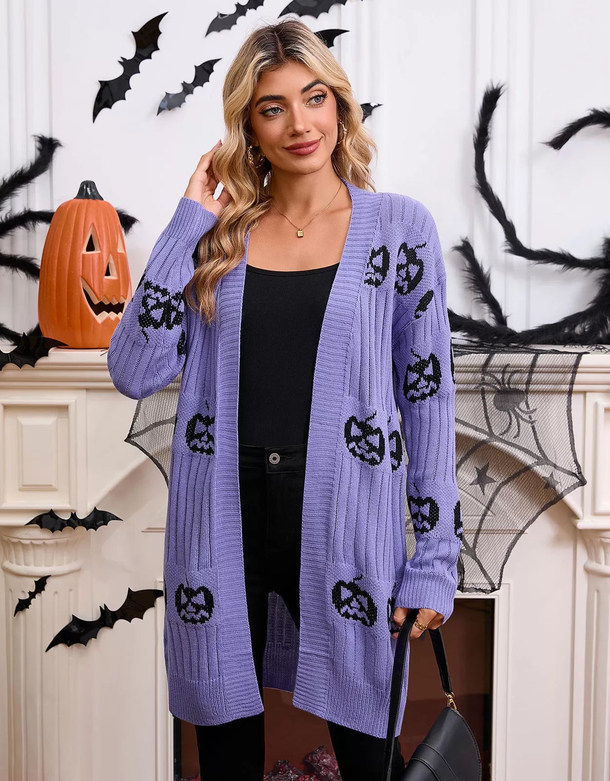 Halloween Rib-knit Pumpkin V-neck Outwear Cardigan