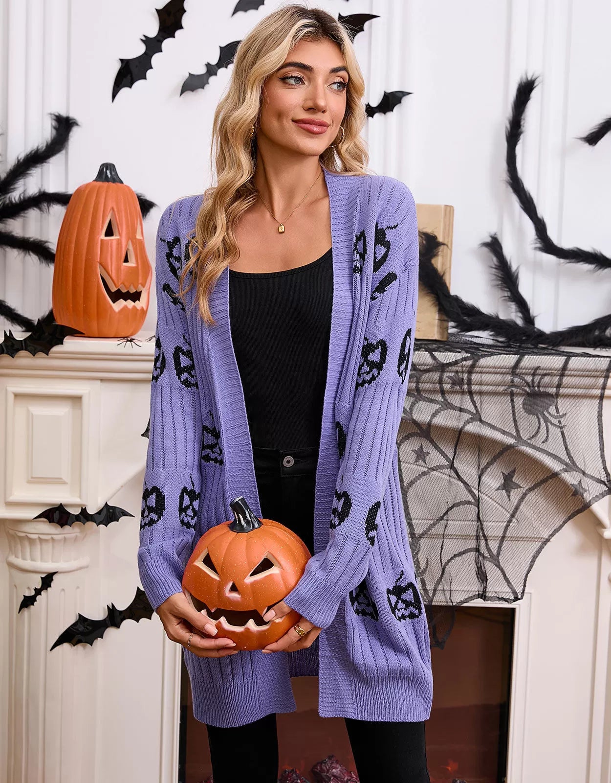 Halloween Rib-knit Pumpkin V-neck Outwear Cardigan