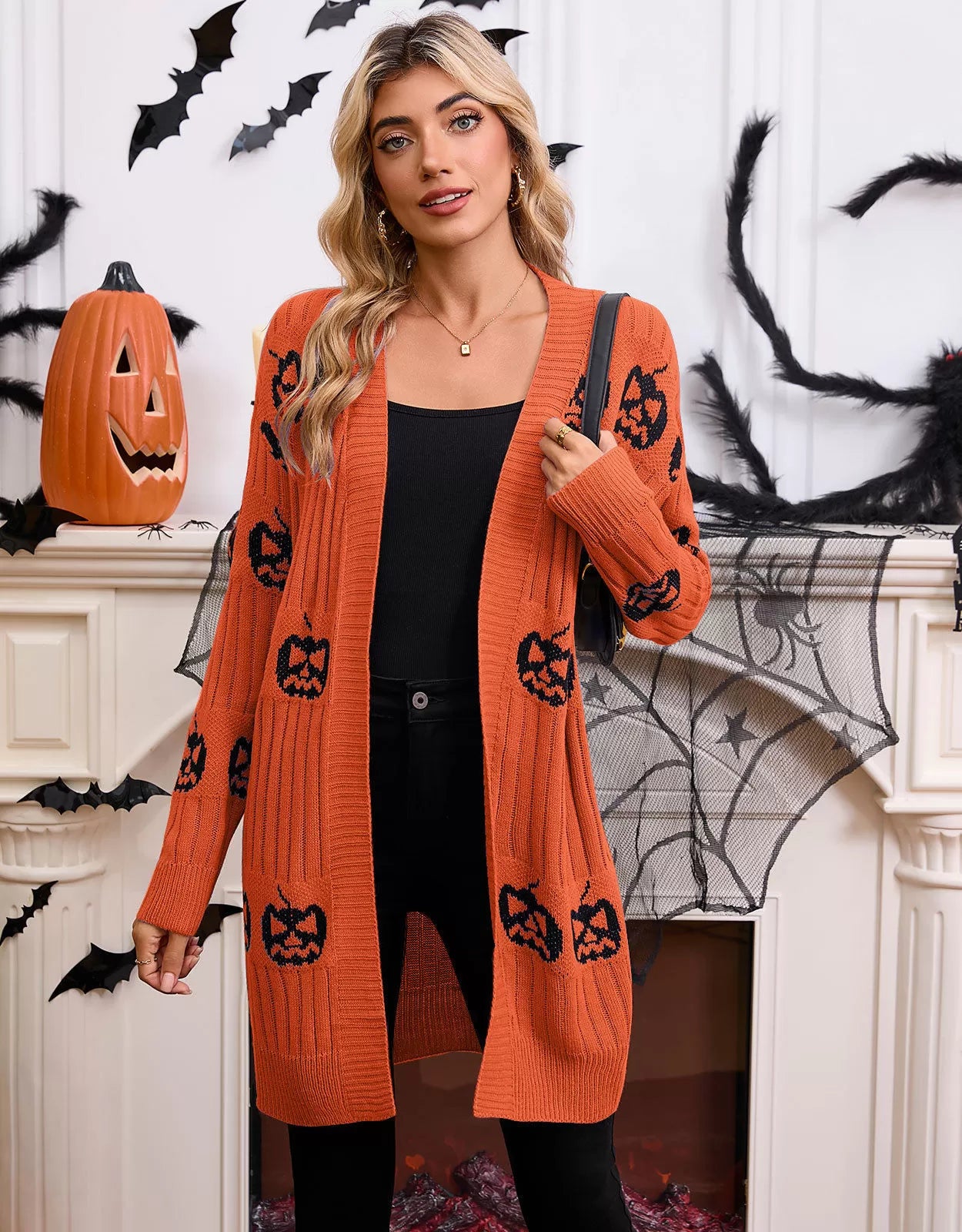Halloween Rib-knit Pumpkin V-neck Outwear Cardigan