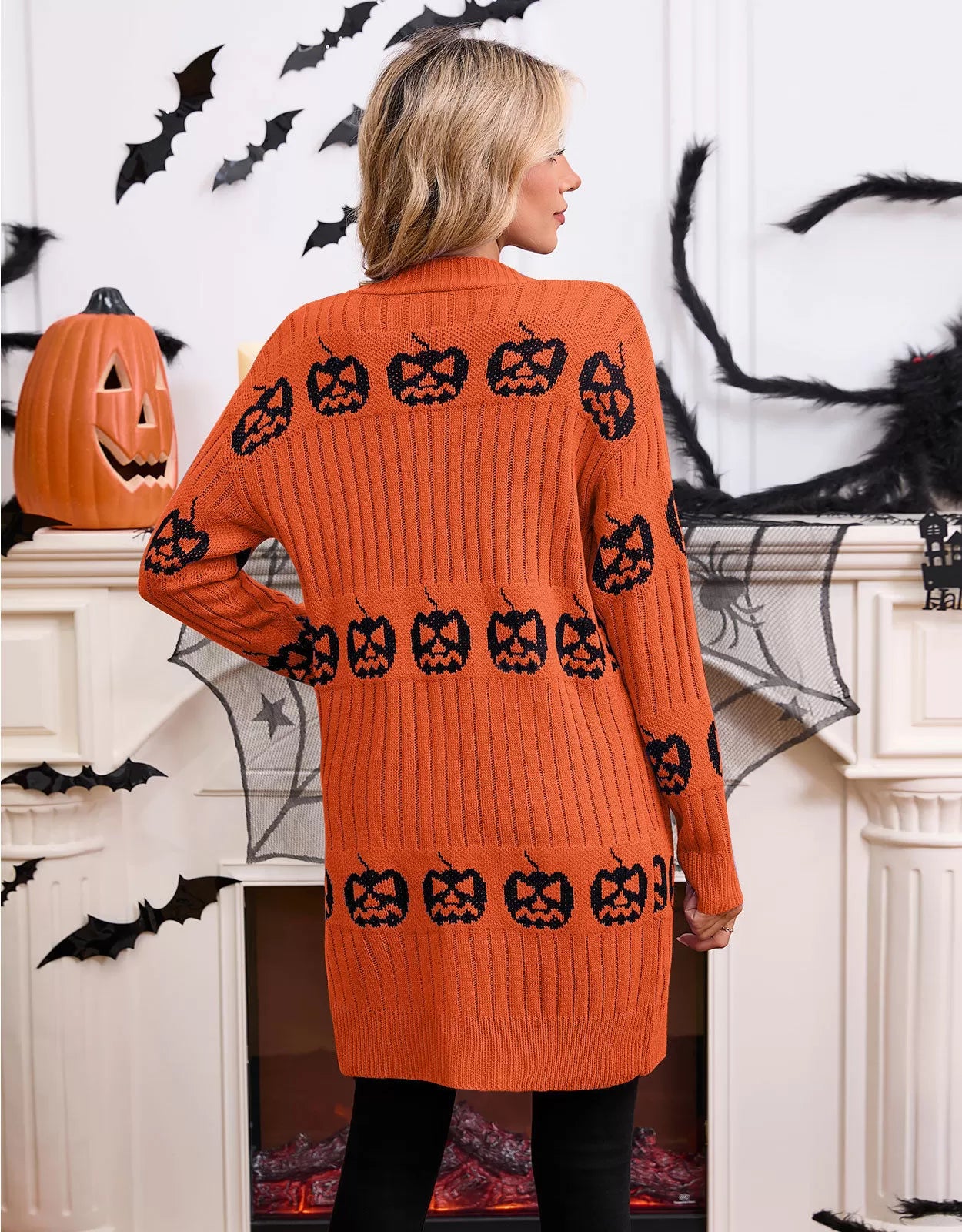 Halloween Rib-knit Pumpkin V-neck Outwear Cardigan