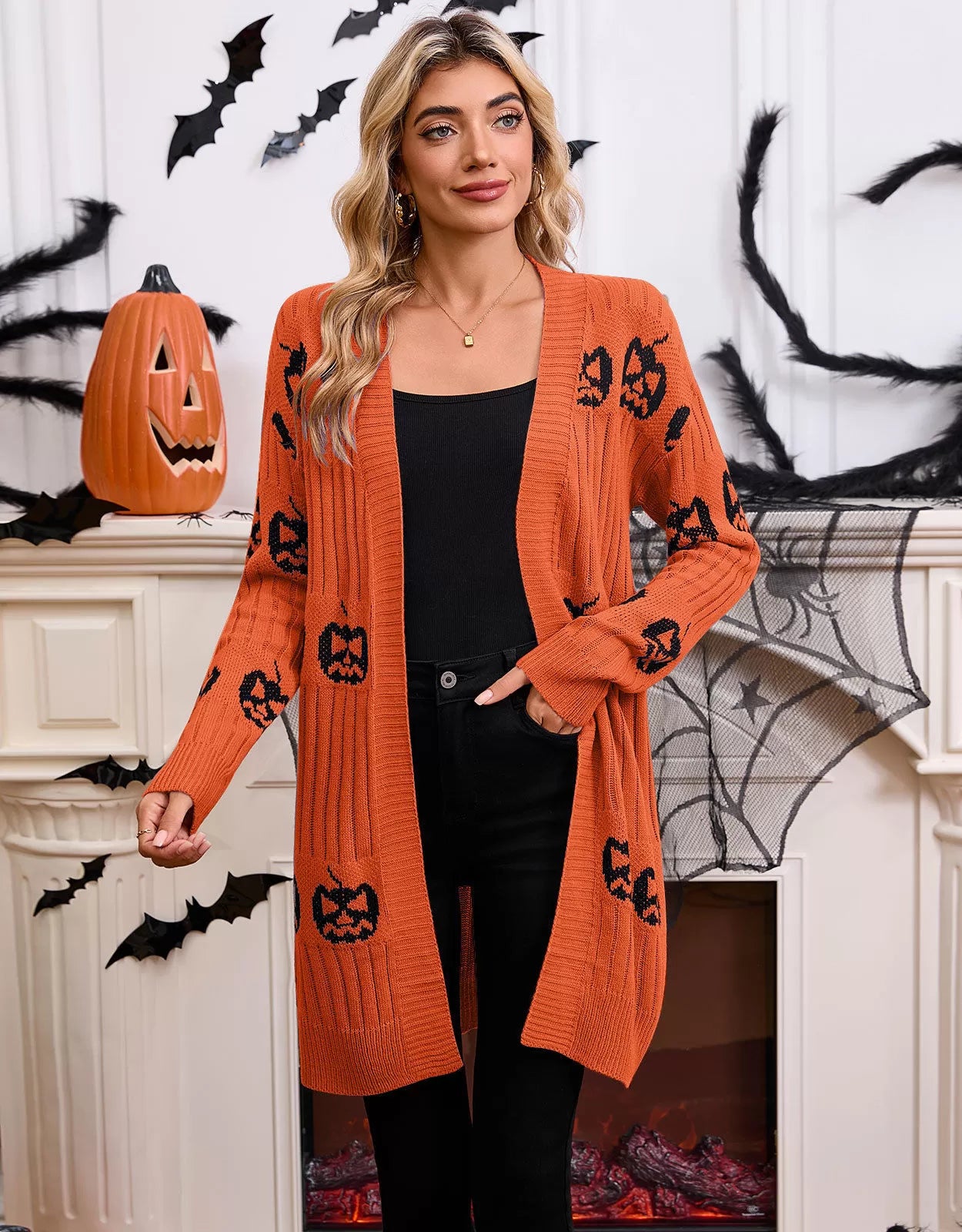 Halloween Rib-knit Pumpkin V-neck Outwear Cardigan