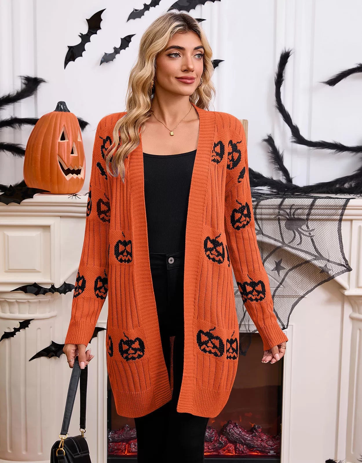 Halloween Rib-knit Pumpkin V-neck Outwear Cardigan
