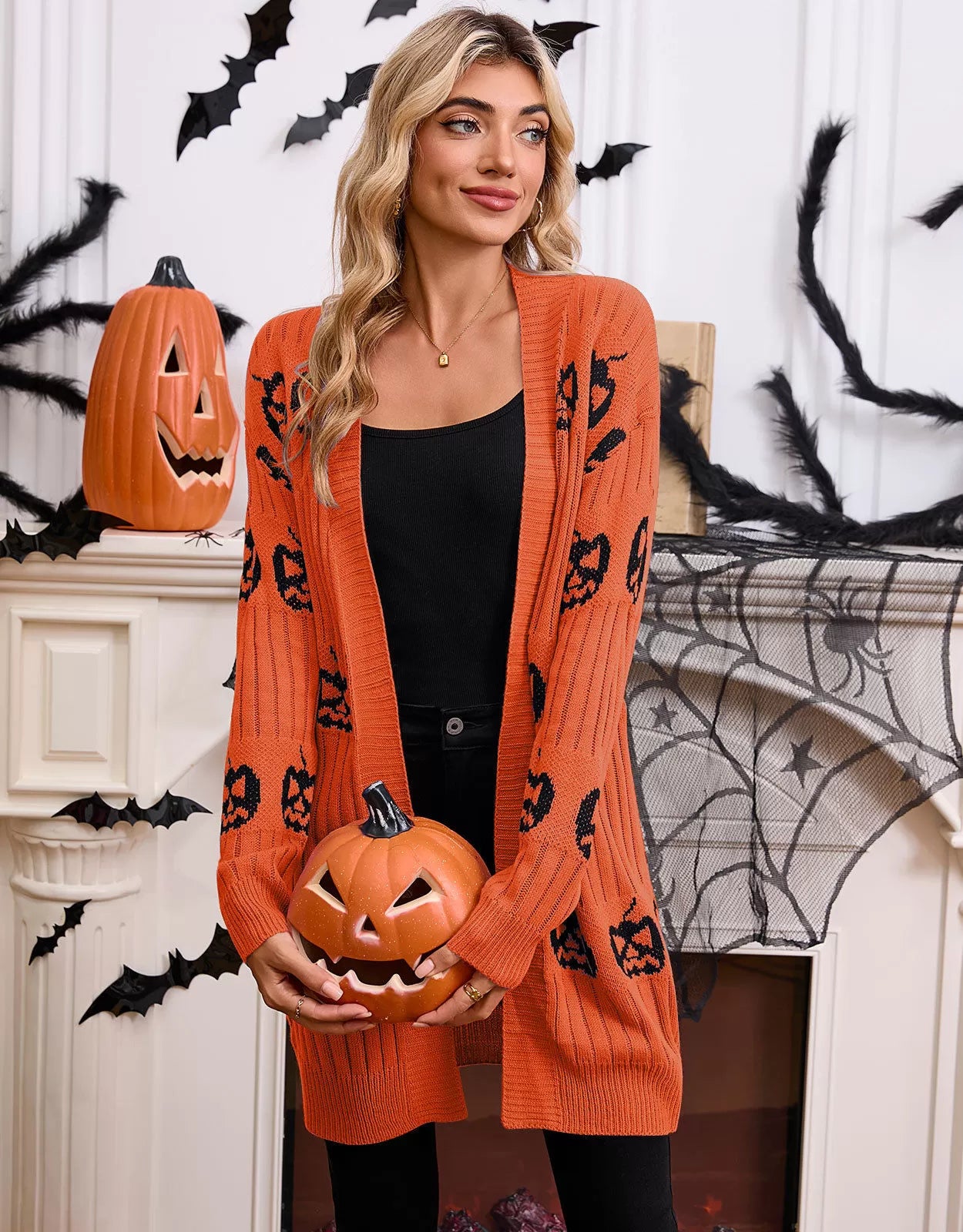 Halloween Rib-knit Pumpkin V-neck Outwear Cardigan