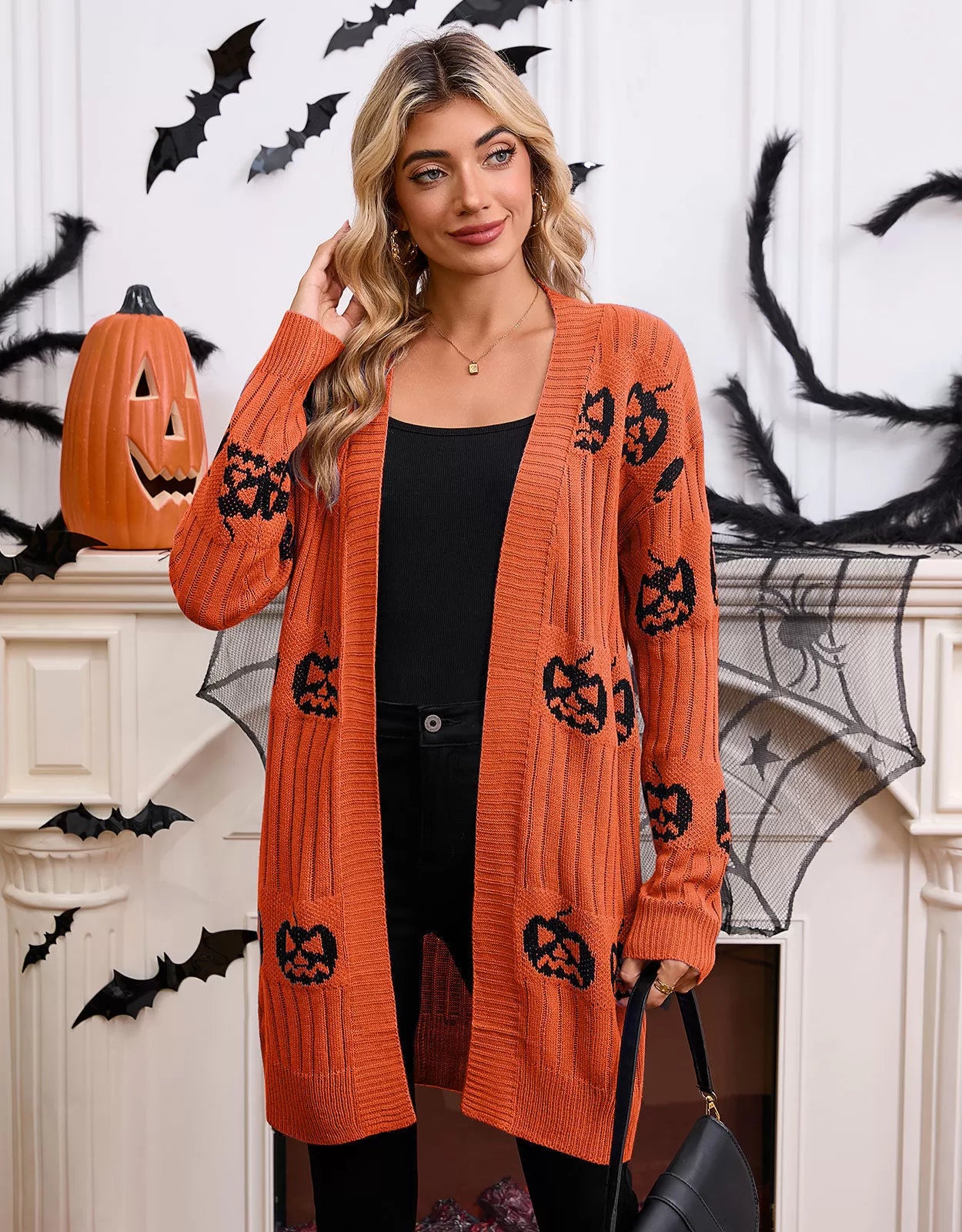 Halloween Rib-knit Pumpkin V-neck Outwear Cardigan