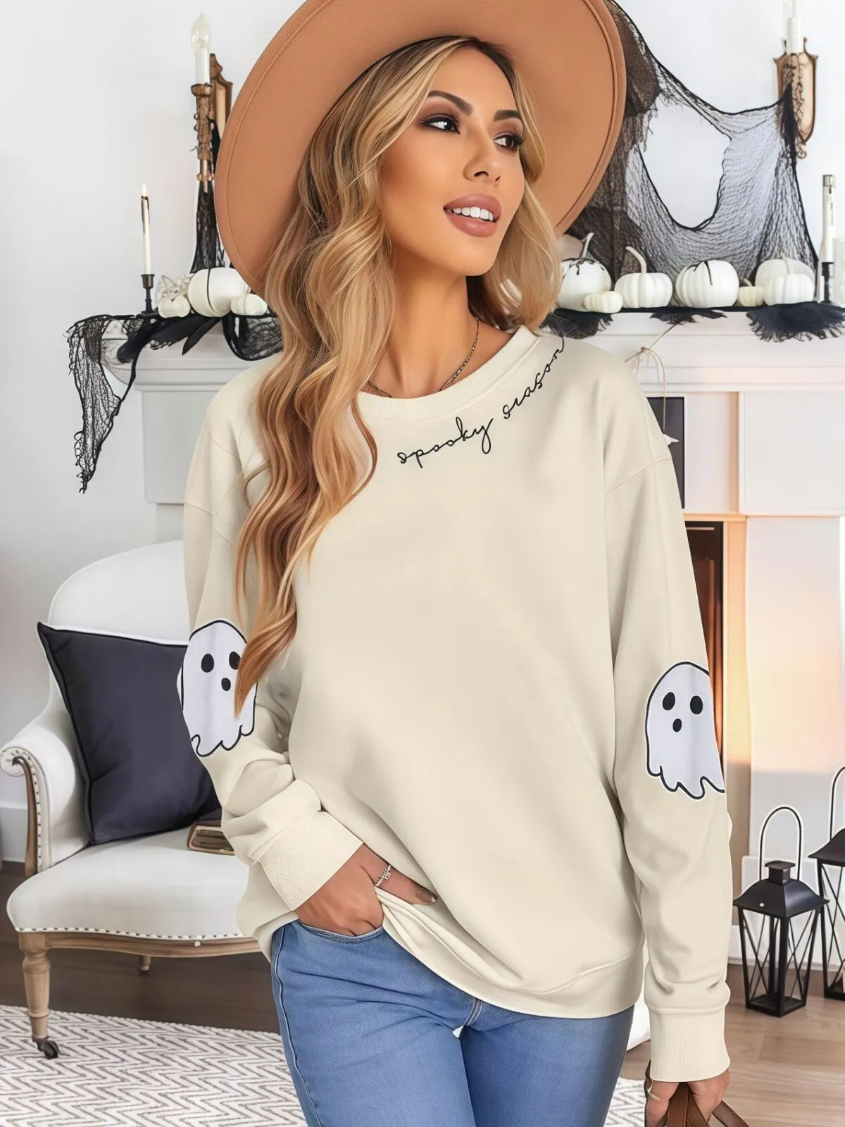 Halloween Graphic Spooky Ghost Round Neck Casual Sweatshirt