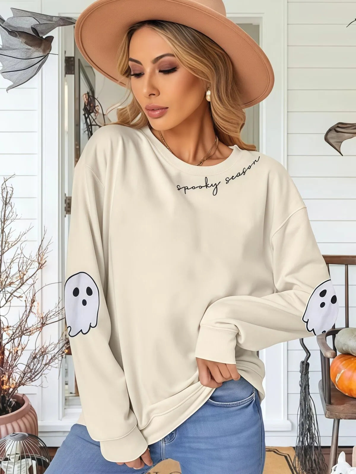 Halloween Graphic Spooky Ghost Round Neck Casual Sweatshirt