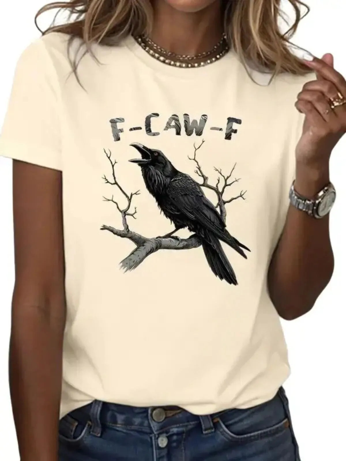 Halloween Witchy Raven F-CAW-F Dark Humor Text Round Neck T-shirt