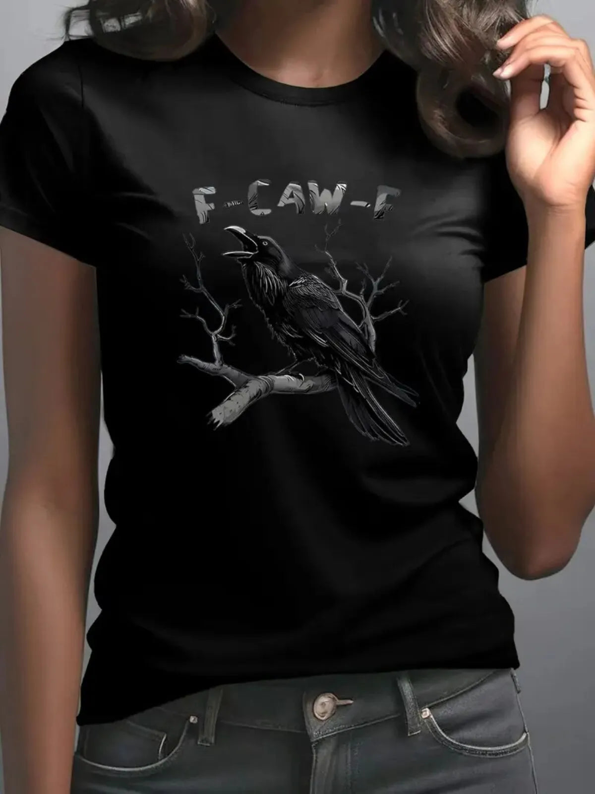 Halloween Witchy Raven F-CAW-F Dark Humor Text Round Neck T-shirt