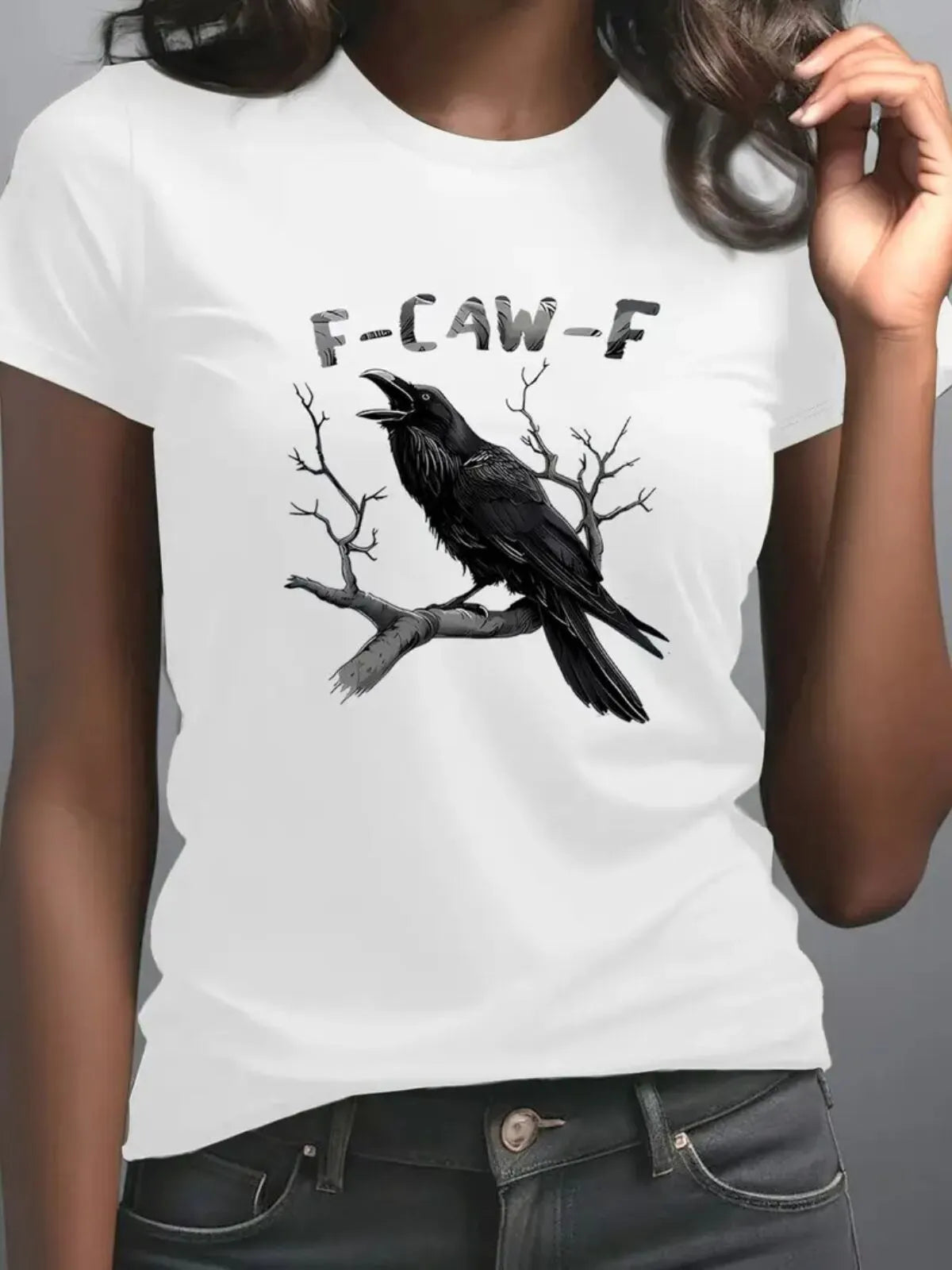 Halloween Witchy Raven F-CAW-F Dark Humor Text Round Neck T-shirt