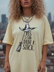Halloween Graphic Yes I Can Drive a Stick Print Round Neck Casual T-shirt