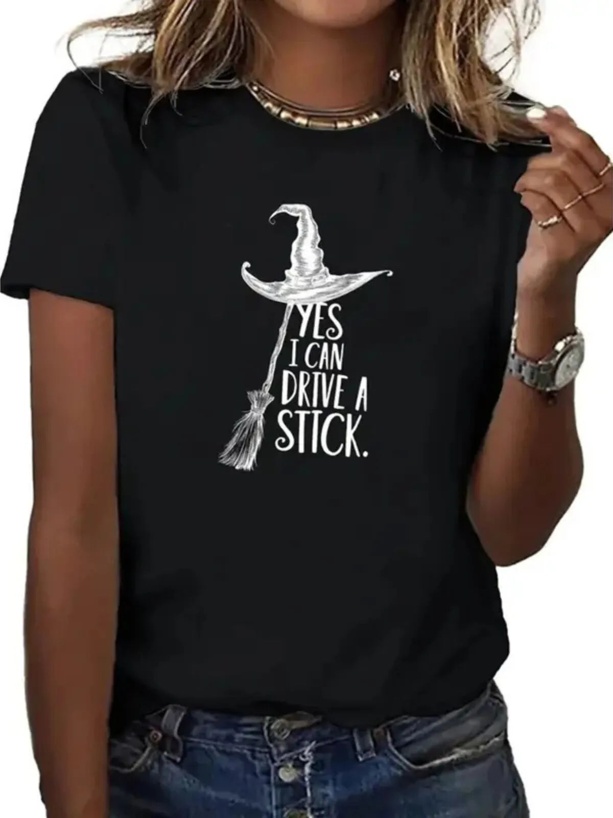 Halloween Graphic Yes I Can Drive a Stick Print Round Neck Casual T-shirt