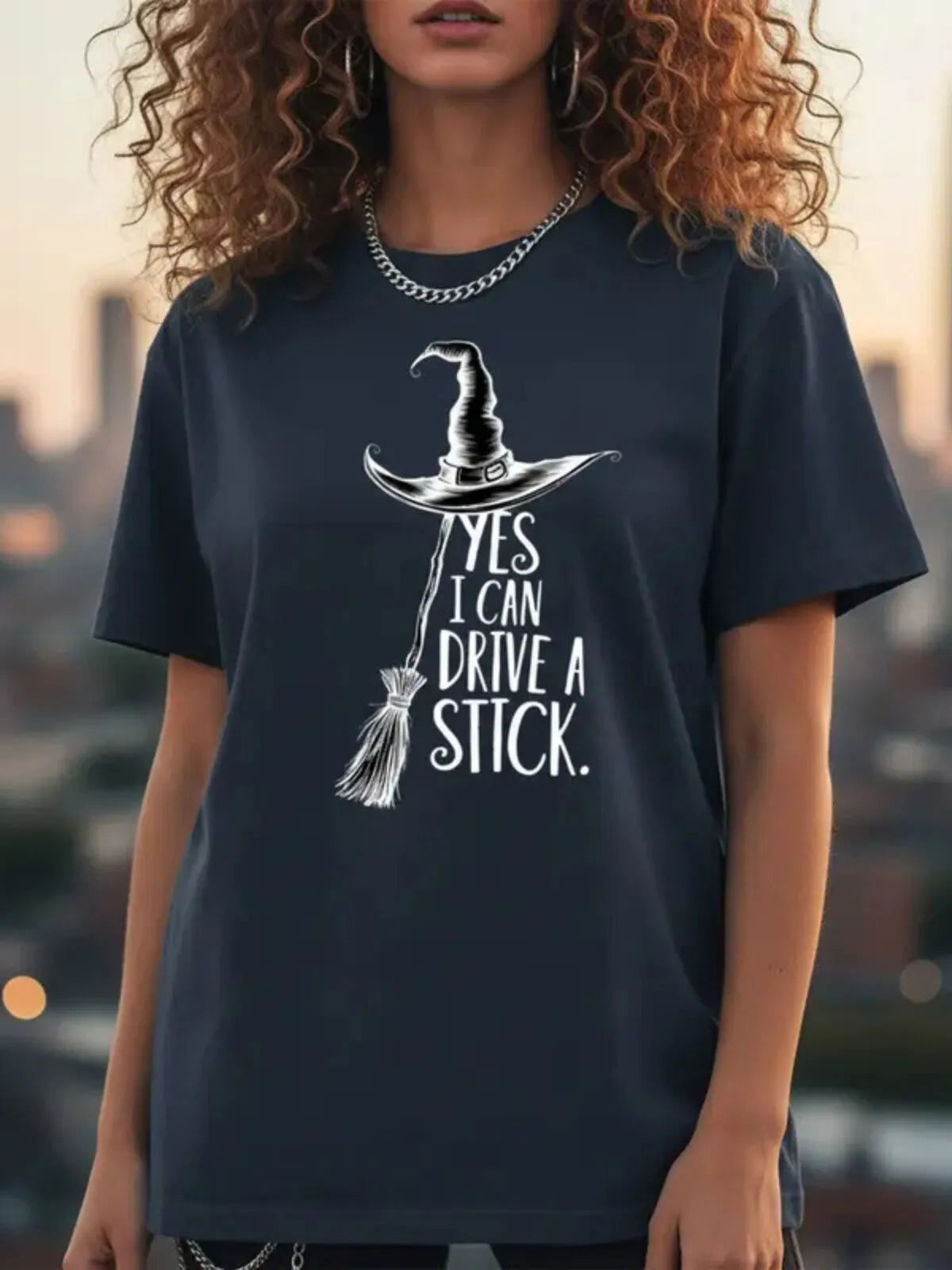 Halloween Graphic Yes I Can Drive a Stick Print Round Neck Casual T-shirt