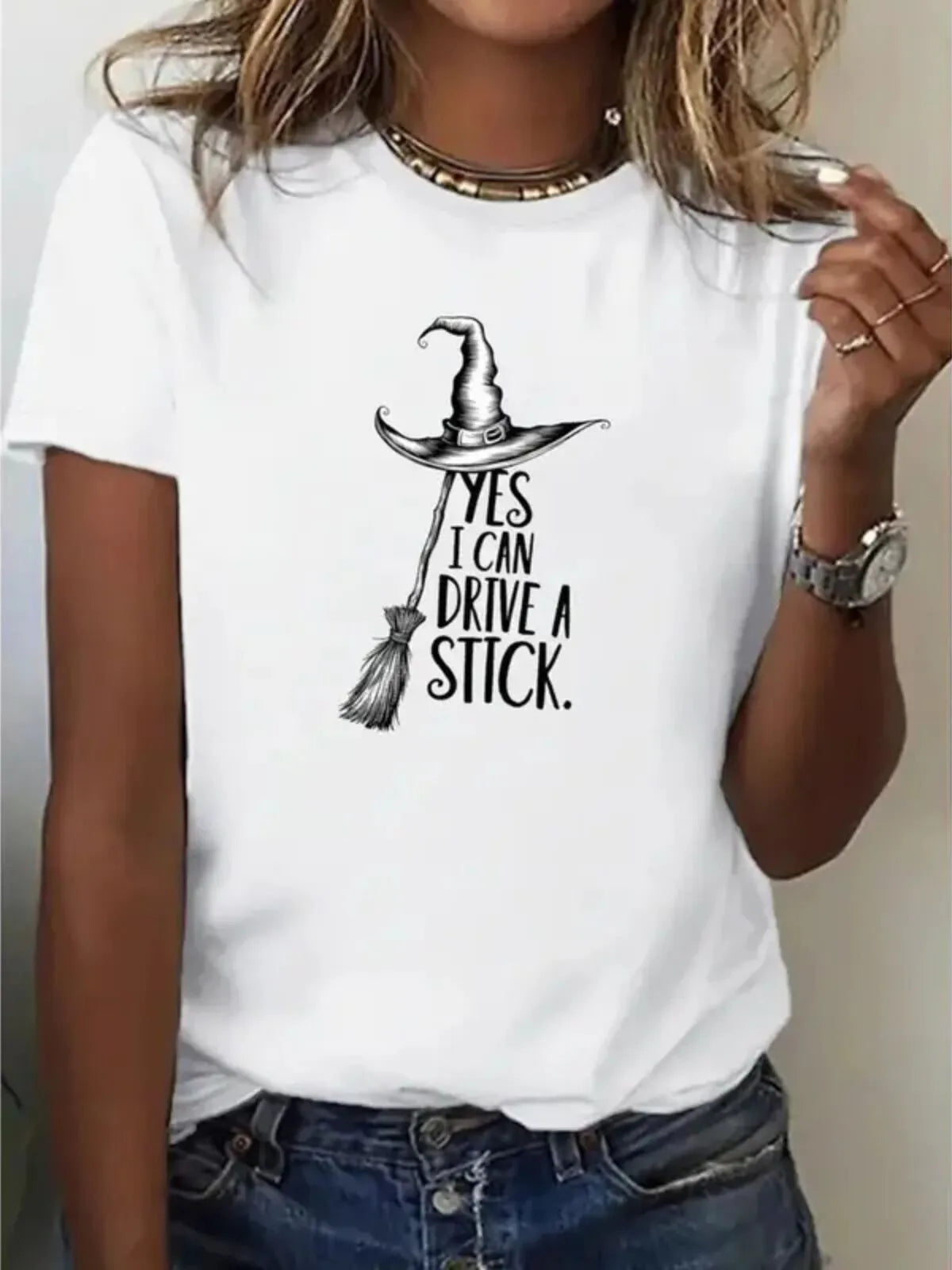 Halloween Graphic Yes I Can Drive a Stick Print Round Neck Casual T-shirt