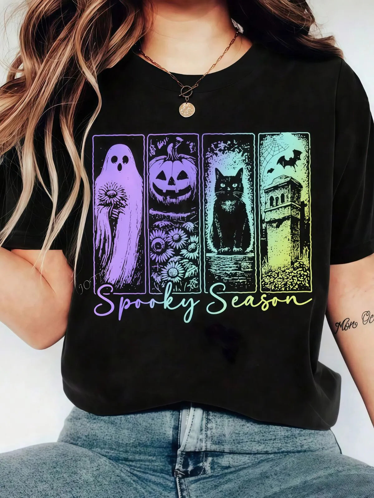 Halloween Ghost Pattern Round Neck T-shirt