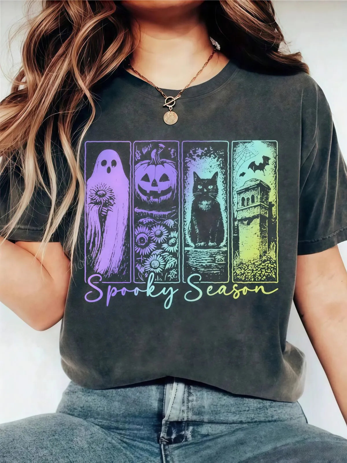 Halloween Ghost Pattern Round Neck T-shirt
