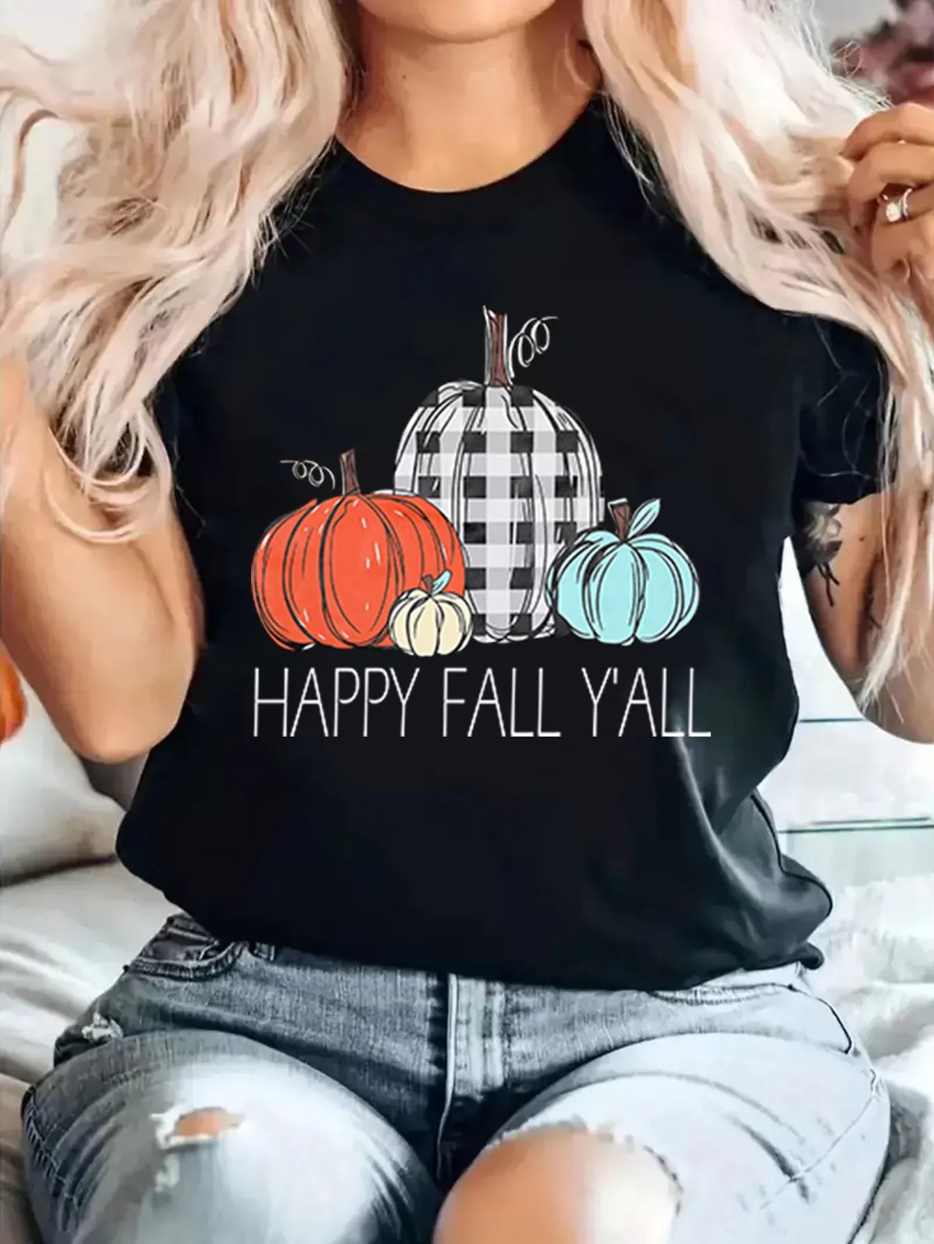 Happy Fall YAll Plaid Pumpkin Print Round Neck T-shirt