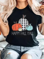 Happy Fall YAll Plaid Pumpkin Print Round Neck T-shirt