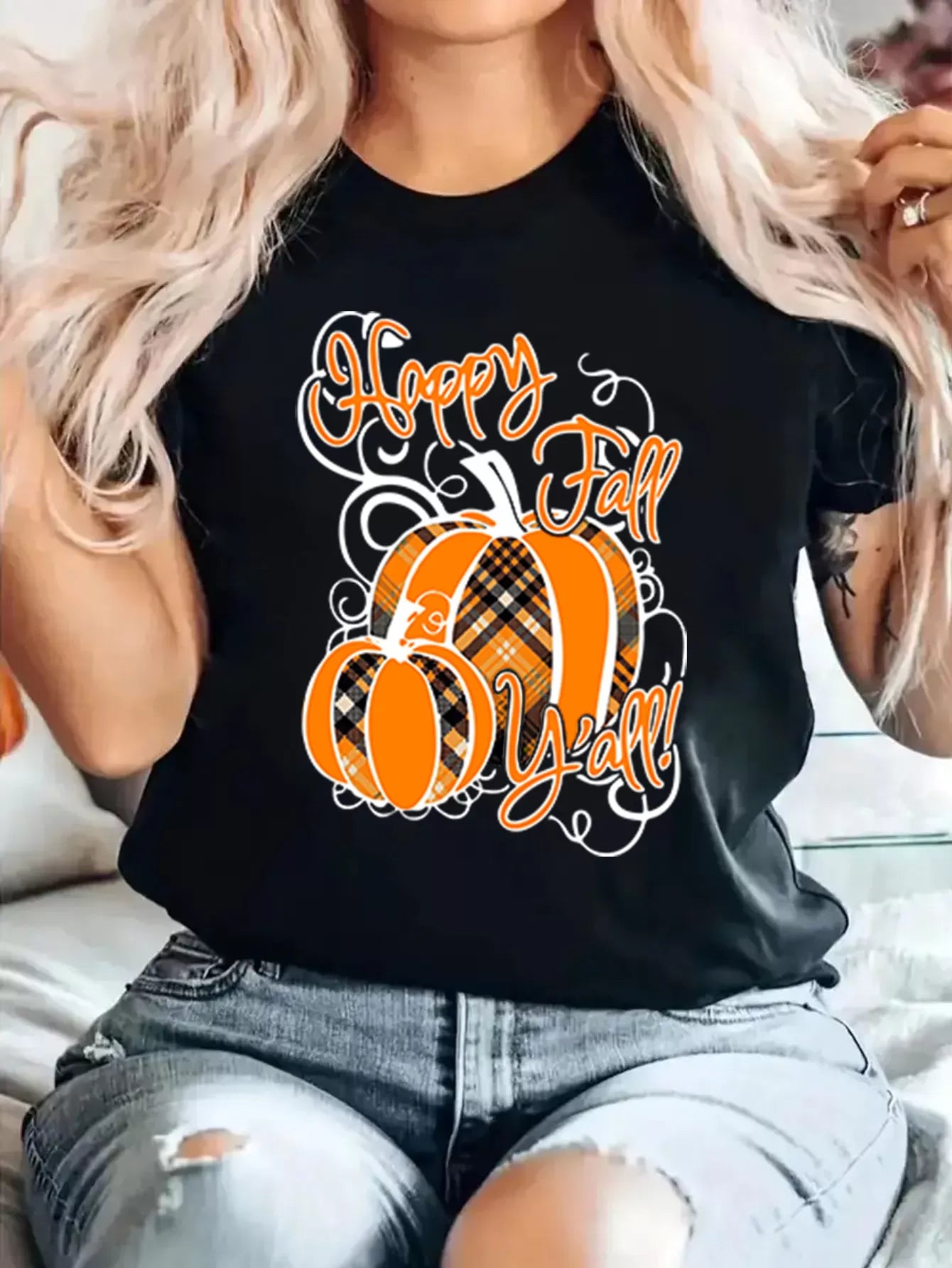 Happy Fall YAll Plaid Pumpkin Round Neck T-shirt