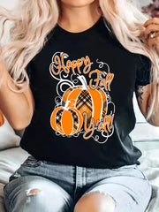 Happy Fall YAll Plaid Pumpkin Round Neck T-shirt
