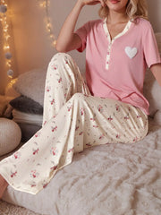 Ditsy Floral Print 3D Heart Short Sleeve Pajama Pants Set