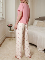 Ditsy Floral Print 3D Heart Short Sleeve Pajama Pants Set